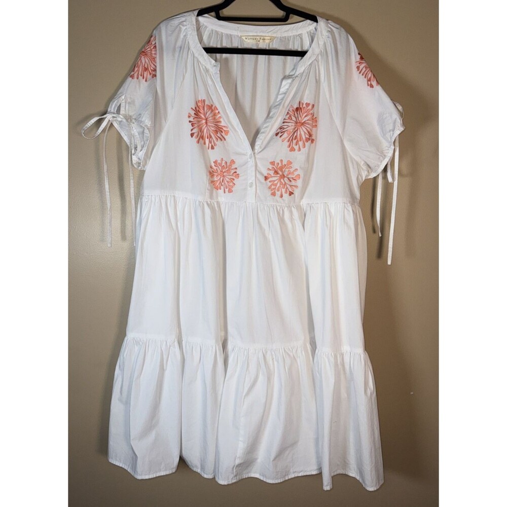 Wayward Fancies Eshakti Dress XL White Poplin Tiered Embroidered Tie Sleeve